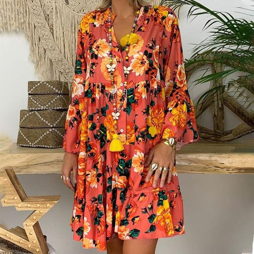 printed v-neck ruffled loose dress - MRSLM