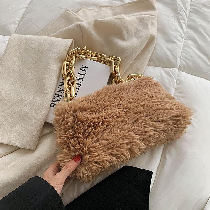 fluffy plush chain shoulder bag, view 4 - MRSLM