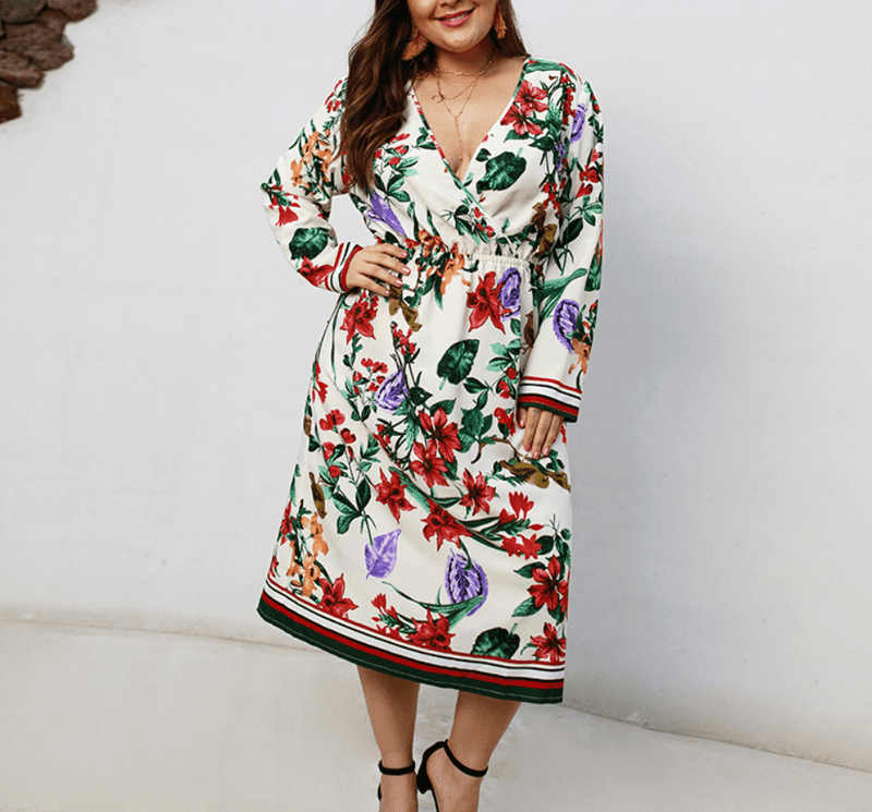 Printed long-sleeved V-neck dress, view 2 - MRSLM