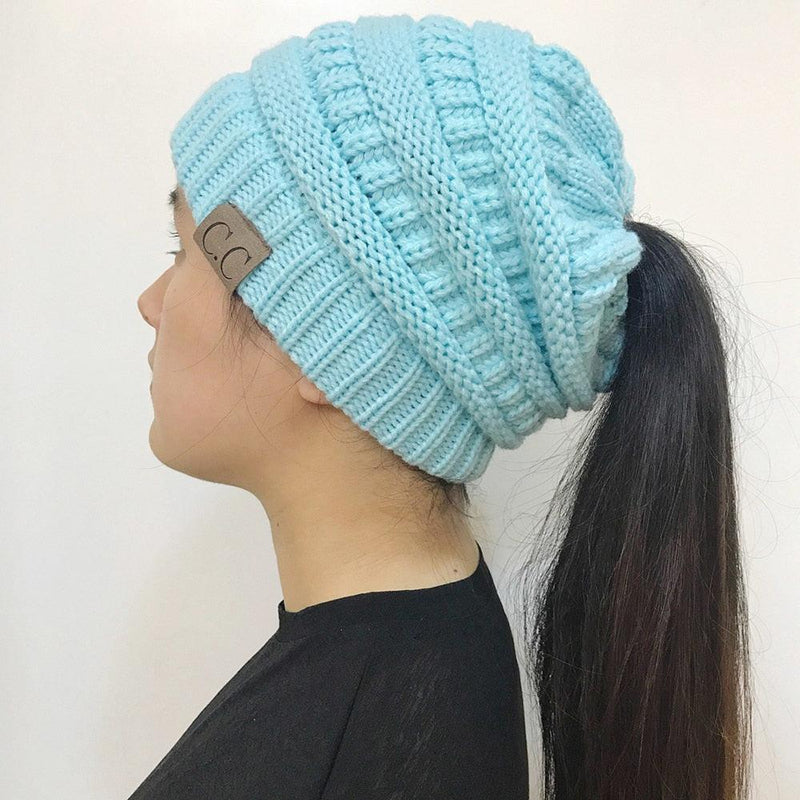 High bun ponytail cable knit beanie, view 15 - MRSLM