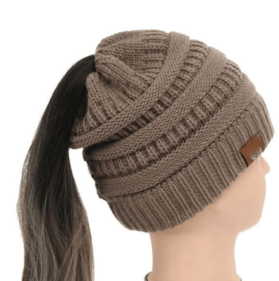 High bun ponytail cable knit beanie, view 5 - MRSLM