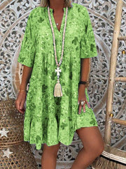 printed v-neck ruffled loose dress, view 6 - MRSLM