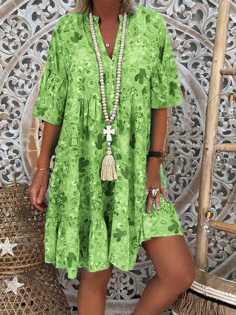printed v-neck ruffled loose dress, view 6 - MRSLM