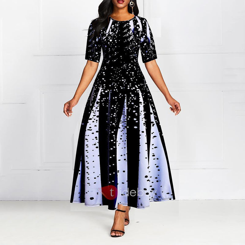 digital print round neck dress, view 5 - MRSLM