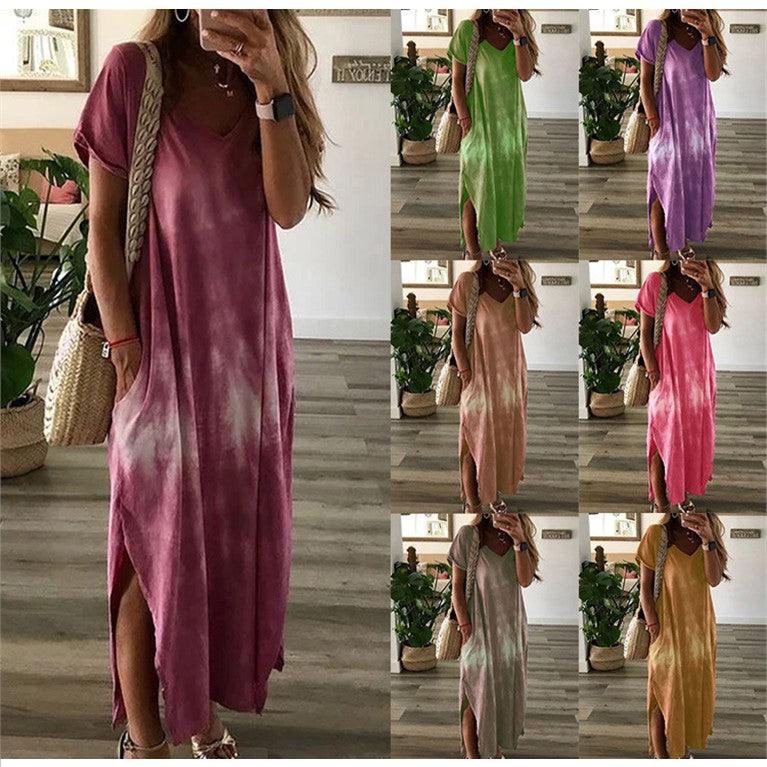 Tie-dye Printed V-neck Pocket Long Dress - MRSLM