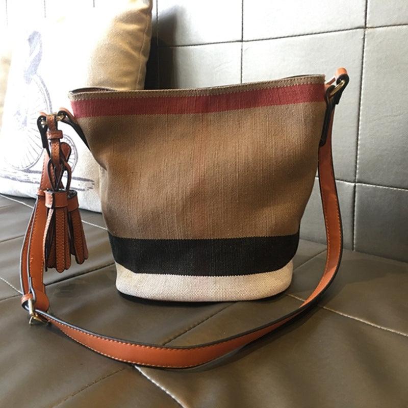 striped canvas bucket bag with tassel, view 4 - MRSLM