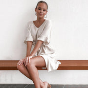solid color lace dress with lotus sleeves - MRSLM