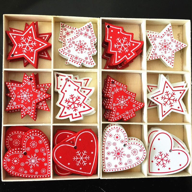 White / Red Natural Wooden Christmas Pendants 5 pcs Set