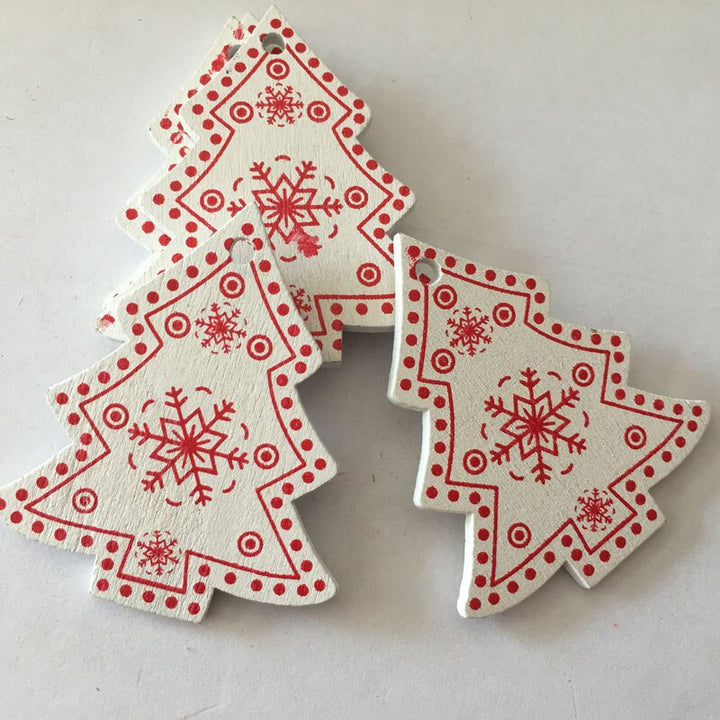 White / Red Natural Wooden Christmas Pendants 5 pcs Set