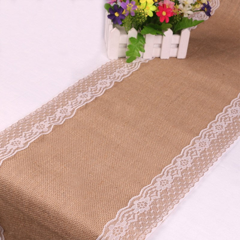 lace trim jute table runner, view 9 - MRSLM