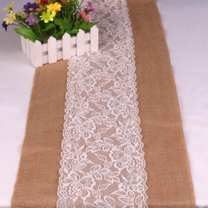 lace trim jute table runner, view 3 - MRSLM