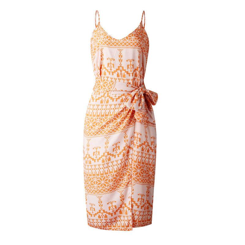 Women's printed split suspender chiffon dress, view 2 - MRSLM