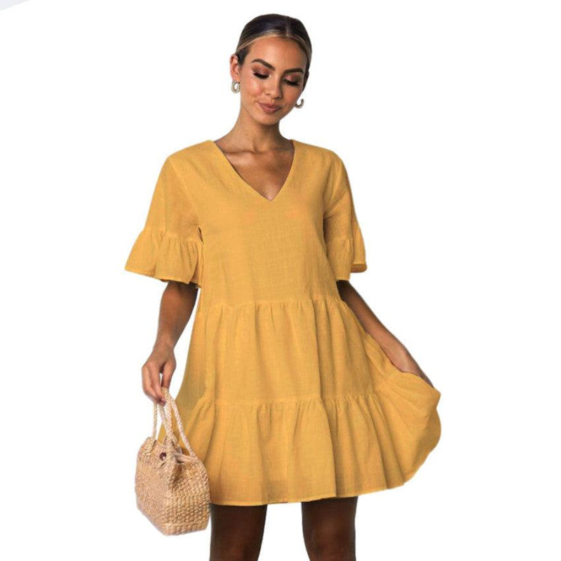 v-neck short sleeve skirt dress, view 3 - MRSLM