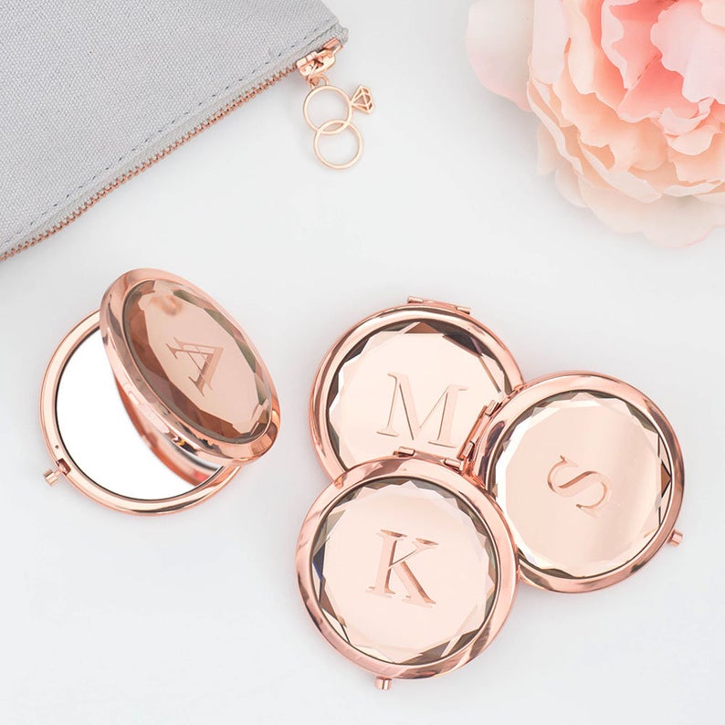 Decorative rose gold compact mirror, view 3 - MRSLM