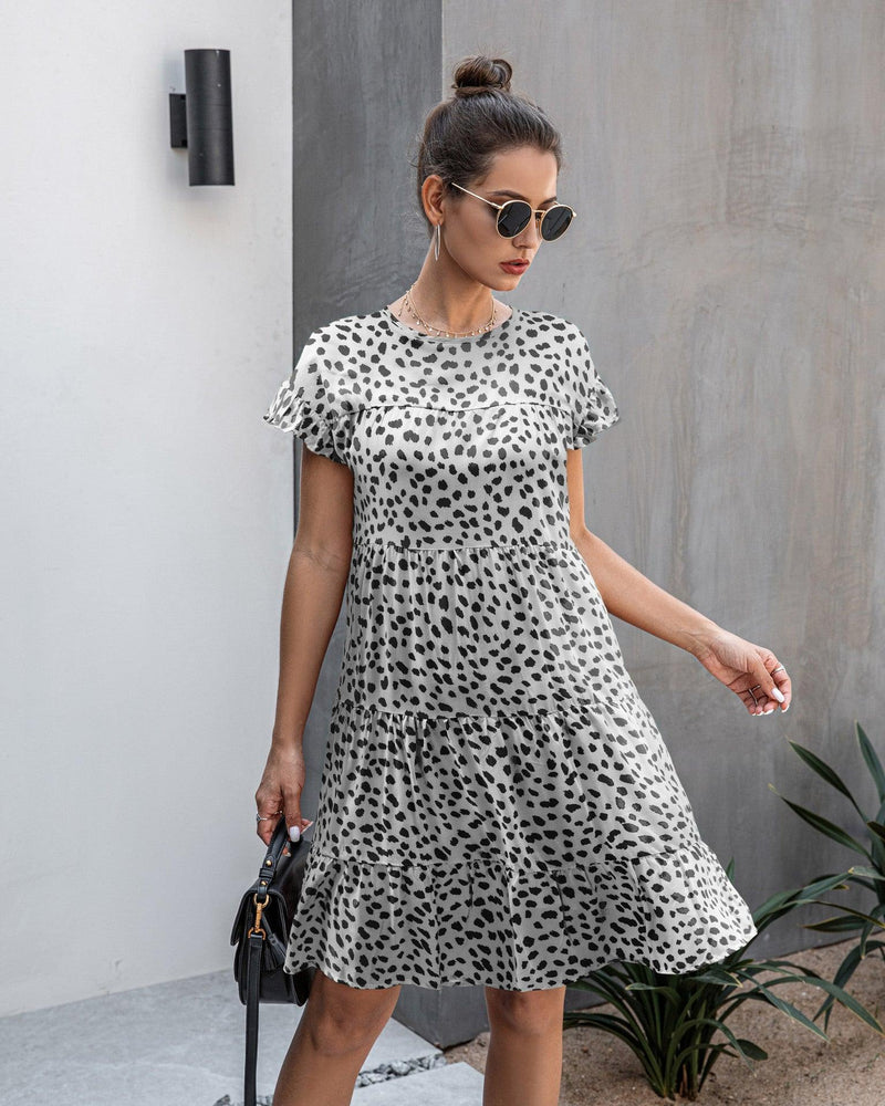leopard print round neck short sleeve loose dress, view 10 - MRSLM