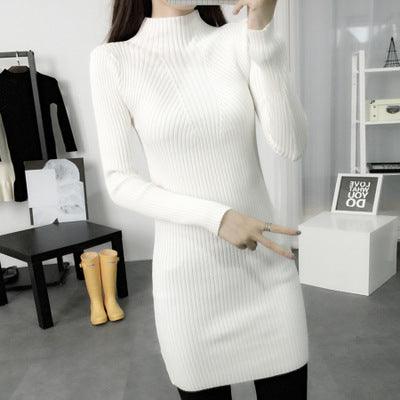 winter dress dress Korean cultivating in the long section of semi solid high collar sleeve head bottoming sweaters - MRSLM