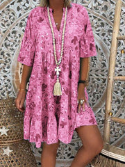 printed v-neck ruffled loose dress, view 7 - MRSLM