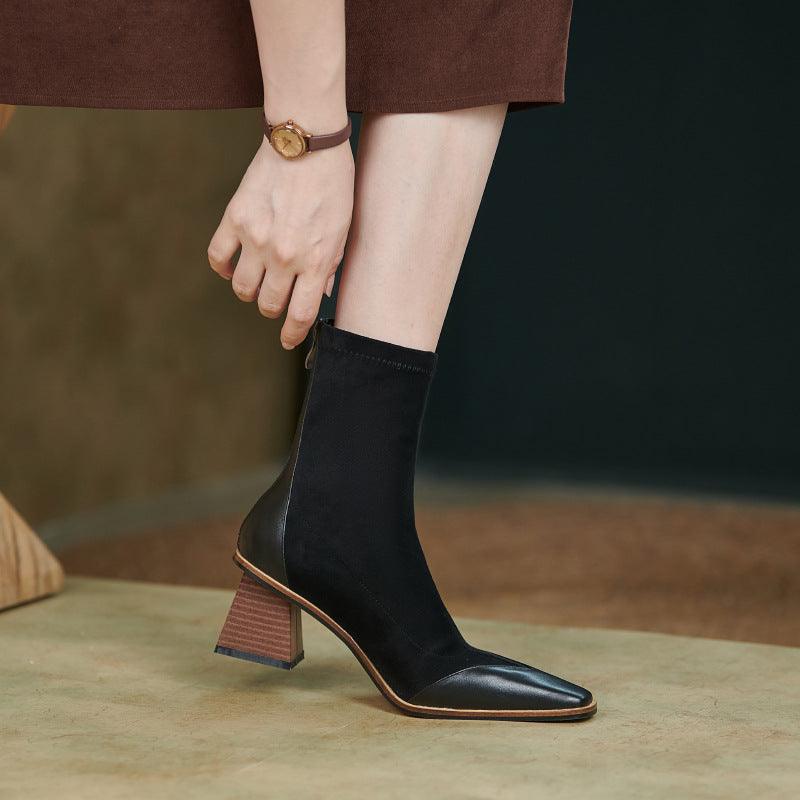 fashion simple women's thick heel pointed toe short boots, view 2 - MRSLM