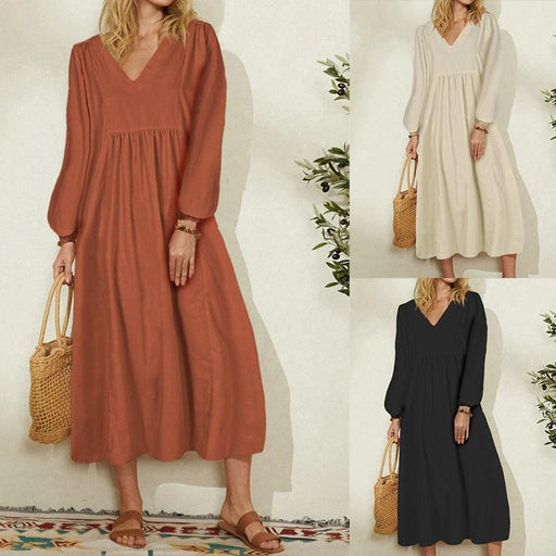 Women's cotton loose lantern sleeve dress - MRSLM