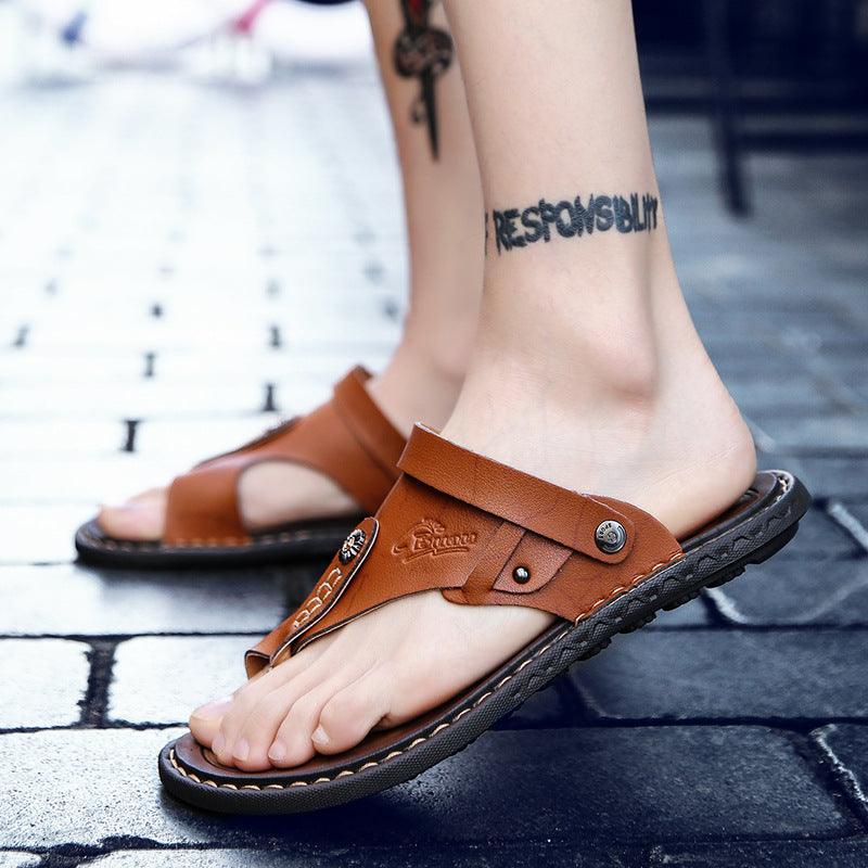 Men's two-toed leather sandals, view 2 - MRSLM
