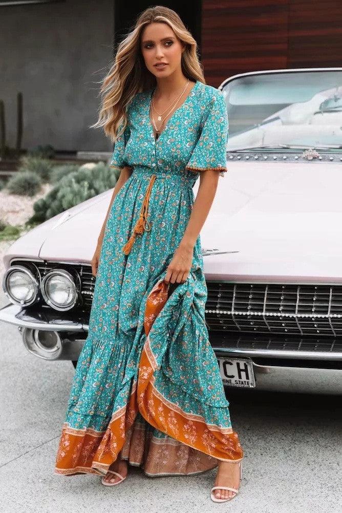 Bohemian V-neck long dress - MRSLM