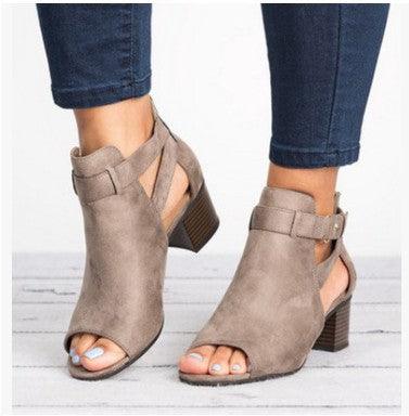 Large size thick high heel sandals fish mouth side empty buckle sandals - MRSLM
