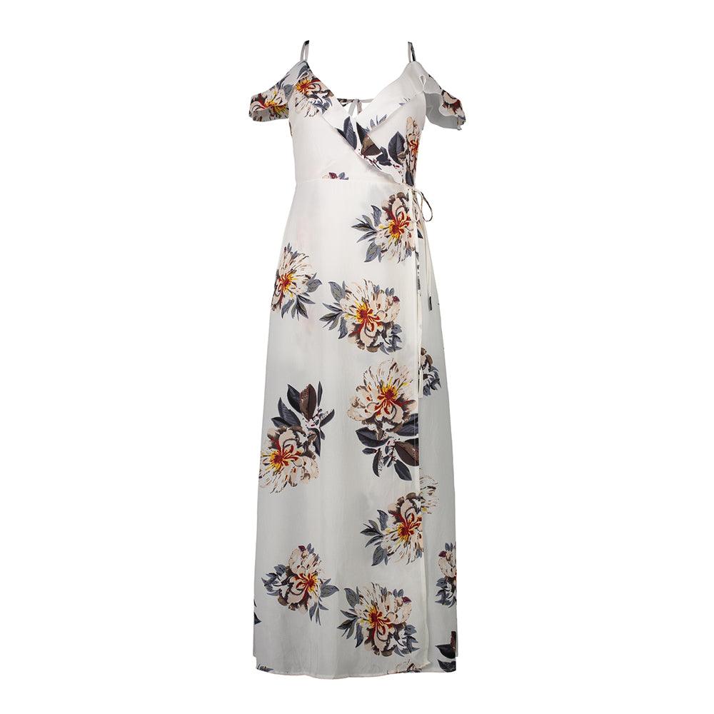 Printed Off-the-shoulder Beach Dress Holiday Irregular Split Chiffon Dress