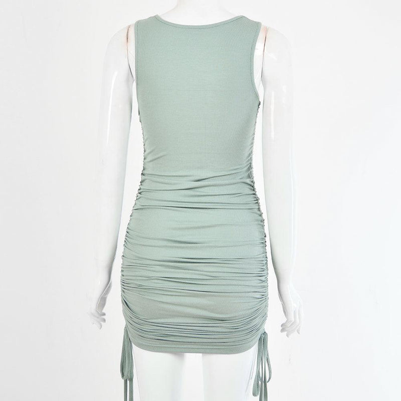 drawstring pleated hip-wrap vest dress, view 16 - MRSLM