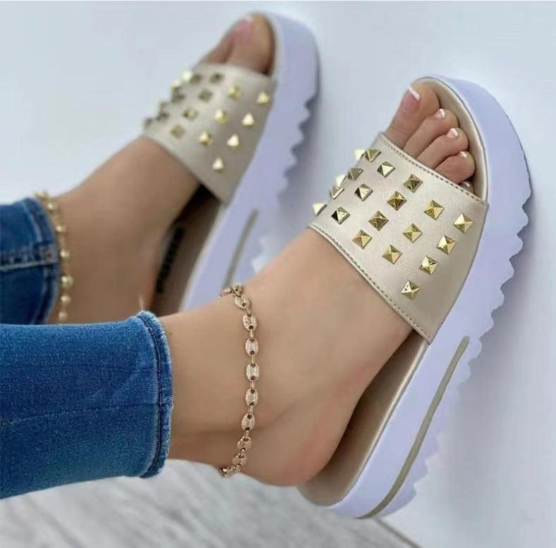 Women's summer wedge rivet flip flops, view 3 - MRSLM