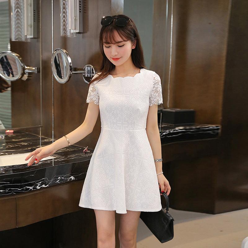Pure Color Lace Short Sleeve Dress Trend