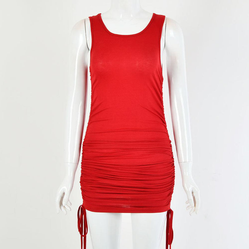 drawstring pleated hip-wrap vest dress, view 3 - MRSLM