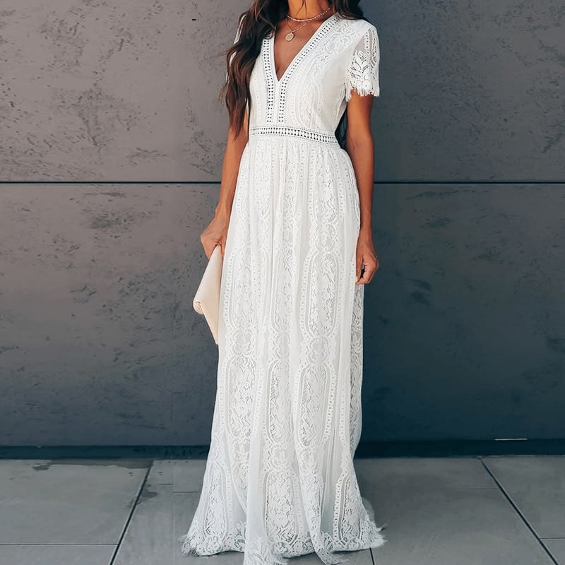 women's white lace maxi dress, view 2 - MRSLM