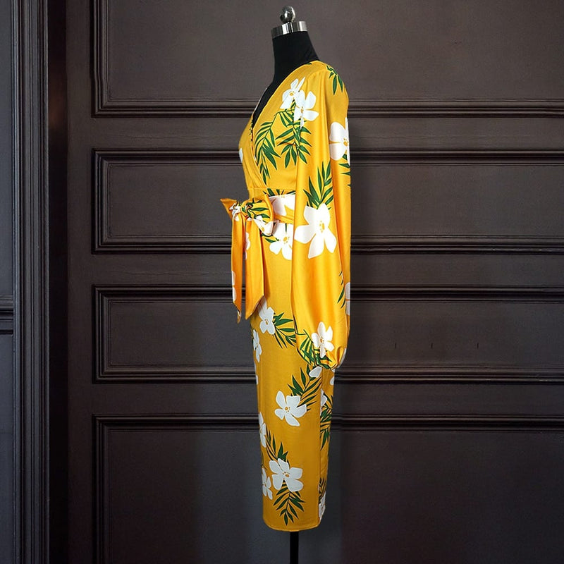 yellow floral printed dress for women, view 4 - MRSLM