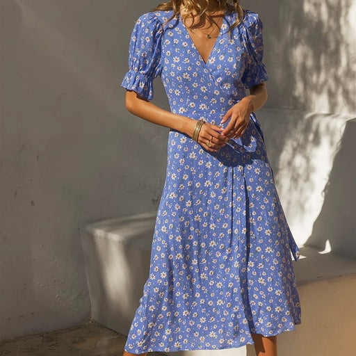Women's casual floral belted slim dress - MRSLM