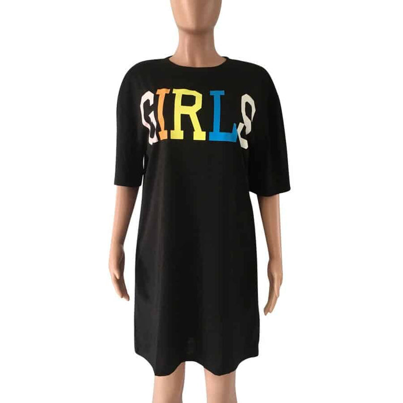 straight dress with rainbow letters print, view 3 - MRSLM