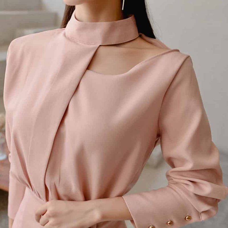 turtleneck office midi dress, view 5 - MRSLM