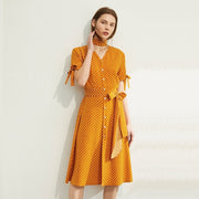 women's dot printed v-neck high waist dress - MRSLM
