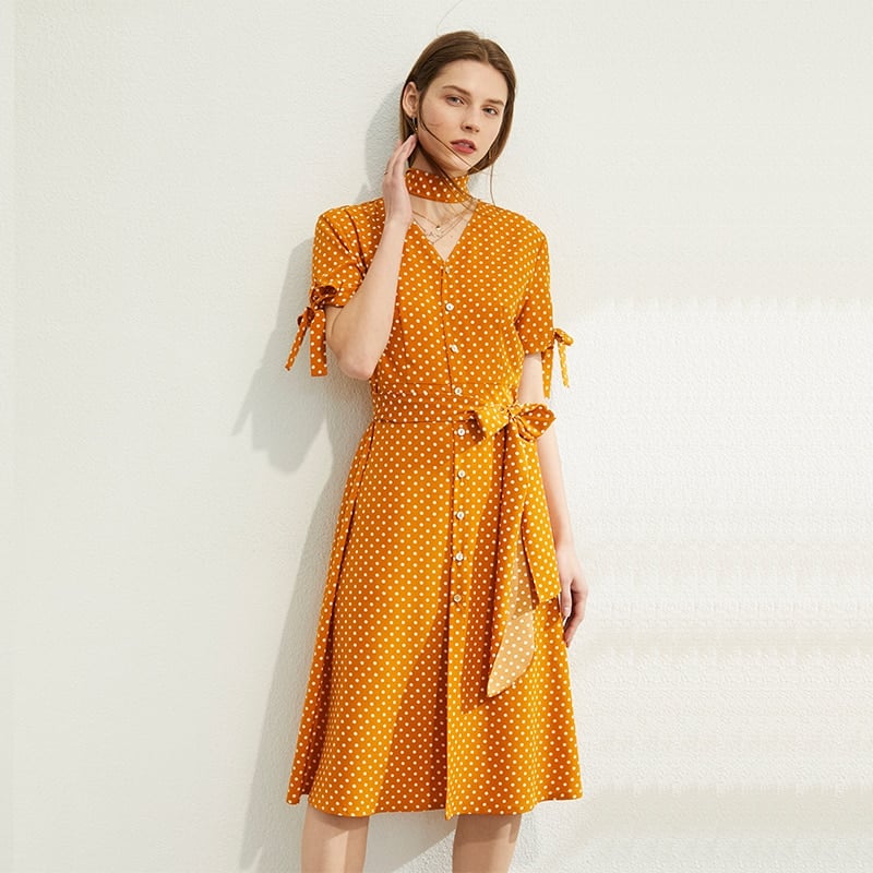 women's dot printed v-neck high waist dress - MRSLM
