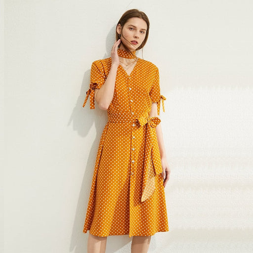 women's dot printed v-neck high waist dress - MRSLM