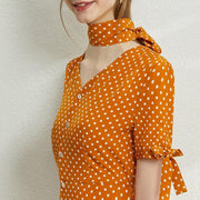 women's dot printed v-neck high waist dress, view 6 - MRSLM