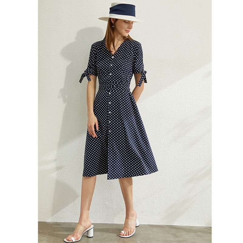 women's dot printed v-neck high waist dress, view 7 - MRSLM