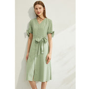 women's dot printed v-neck high waist dress, view 4 - MRSLM