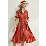 women's dot printed v-neck high waist dress, view 5 - MRSLM