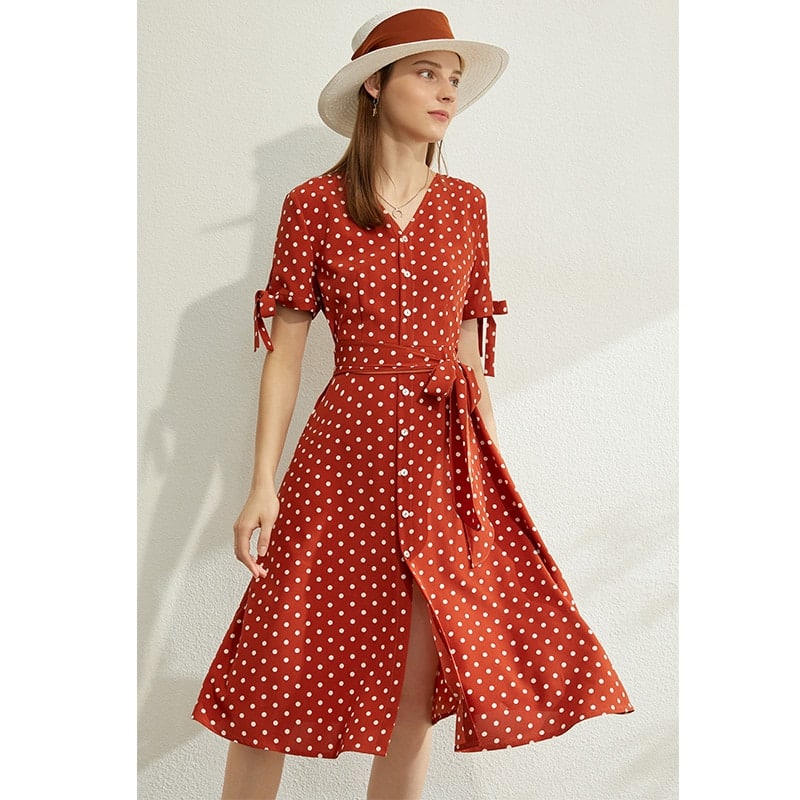 women's dot printed v-neck high waist dress, view 5 - MRSLM