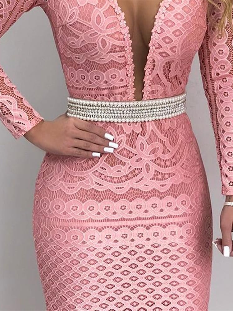 women's v-neck polyester lace dress, view 4 - MRSLM