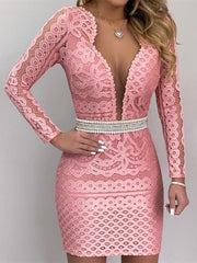 women's v-neck polyester lace dress, view 2 - MRSLM