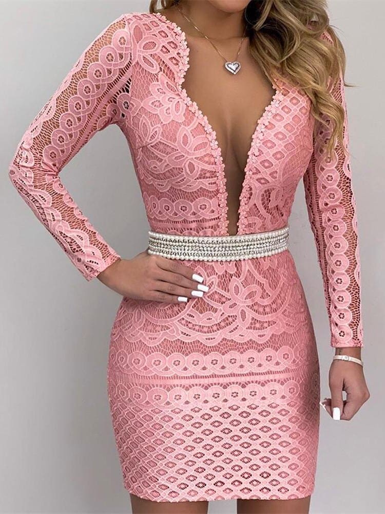 women's v-neck polyester lace dress, view 2 - MRSLM