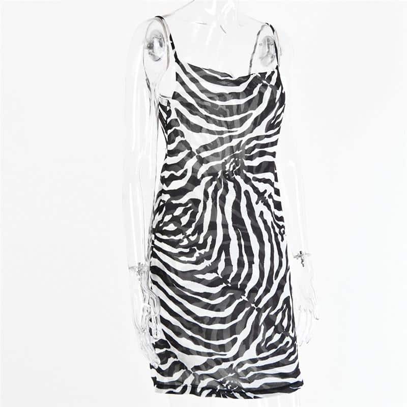 Zebra print spaghetti strap dress, view 3 - MRSLM