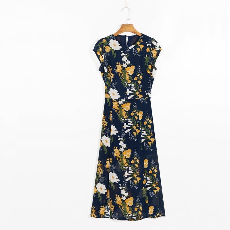 summer floral printed round neck dress for women, view 3 - MRSLM