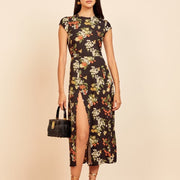 summer casual flower printed round neck dress - MRSLM